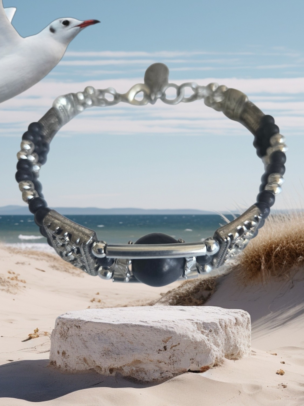 Handcrafted Beaded Bracelet in Black and Silver